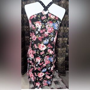 NEW WT Demi Loon Black Multi Color Floral Halter Dress Women’s XL Stretch